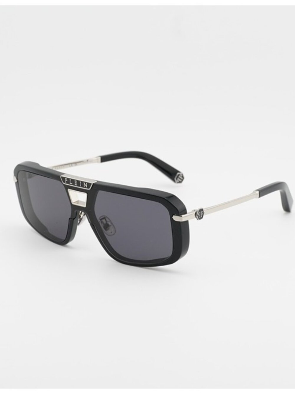 Philipp Plein SPP008M 0700 Sunglasses Shiny Black Aviator Frame, Grey Lenses